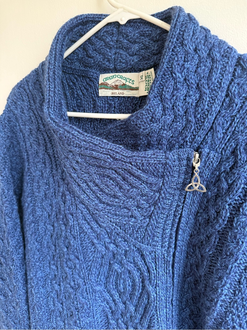 Aran Crafts Ireland 100% Merino Wool Size XL Cable Knit Cardigan Sweater Blue - Picture 2 of 10